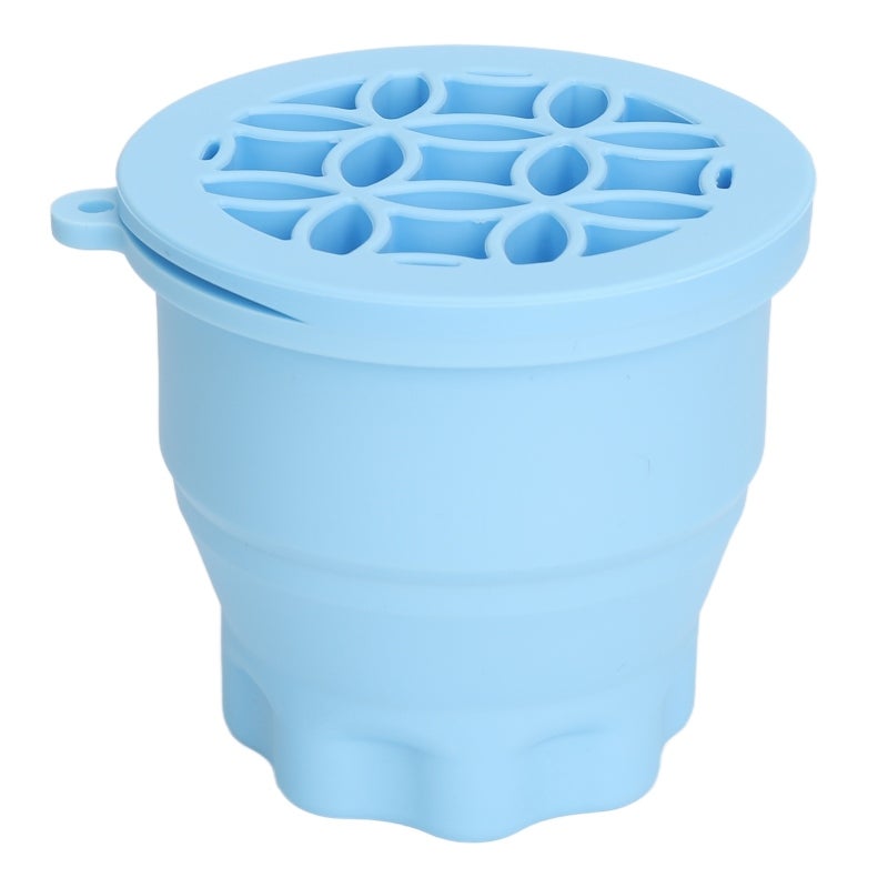 Blue Silicone Makeup Brush Cleaner Bowl - Foldable Portable With Varying Thickness Cleaning Ridges & Built-In Brush Drying Rack For Travel On-The-Go Makeup Brush Maintenance - Image 1