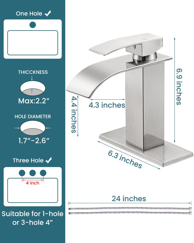 LUFG Bathroom Faucets Brushed Nickel Waterfall Bathroom Sink Faucet Modern Single Handle Bathroom Faucet for 1 or 3 Hole Mxier Tap Washbasin Faucet with Deck, Pop-up Drain and Supply Hoses - Image 4