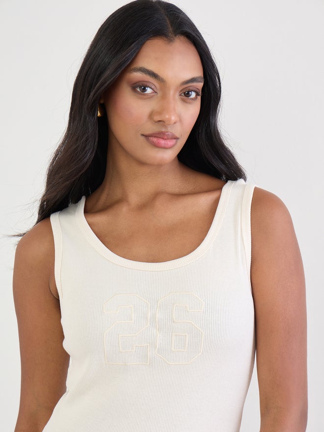 Styli Cream Fitted Embroidered 100% Cotton Tank - Image 4