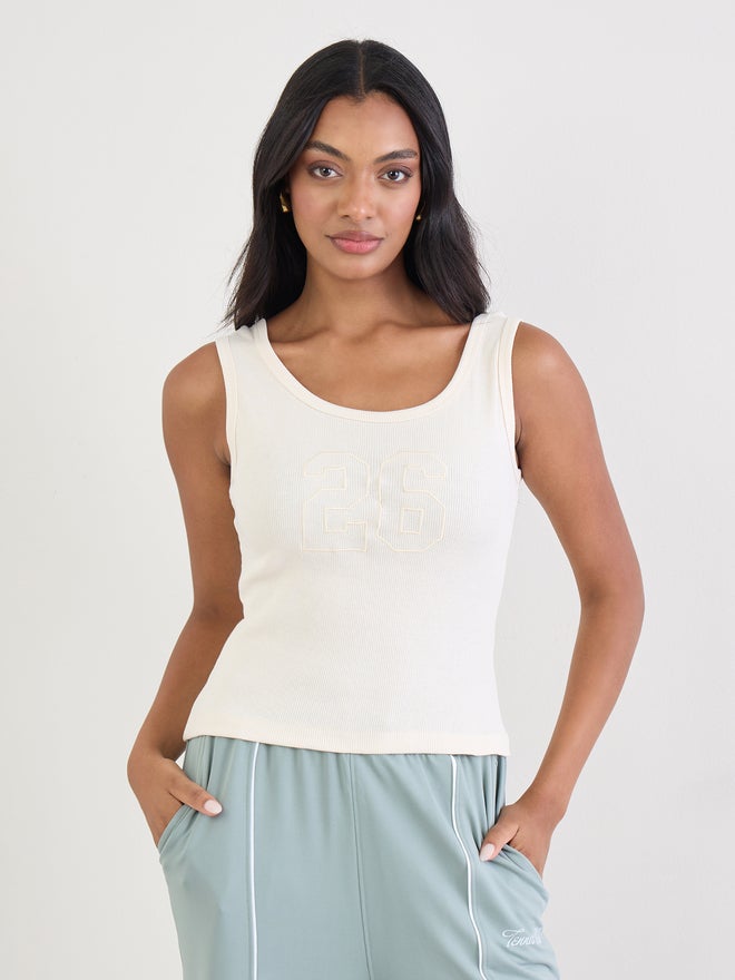 Styli Cream Fitted Embroidered 100% Cotton Tank - Image 3