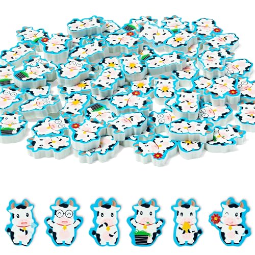 BZaber Fall Cow Mini Erasers 60Pcs Back to School Gifts for Kids Cute Pencil Top Erasers Mini Cow Cartoon Pattern Eraser for Classroom Activities Rewards Prizes Farm Animal Birthday Party Supplies - Image 1