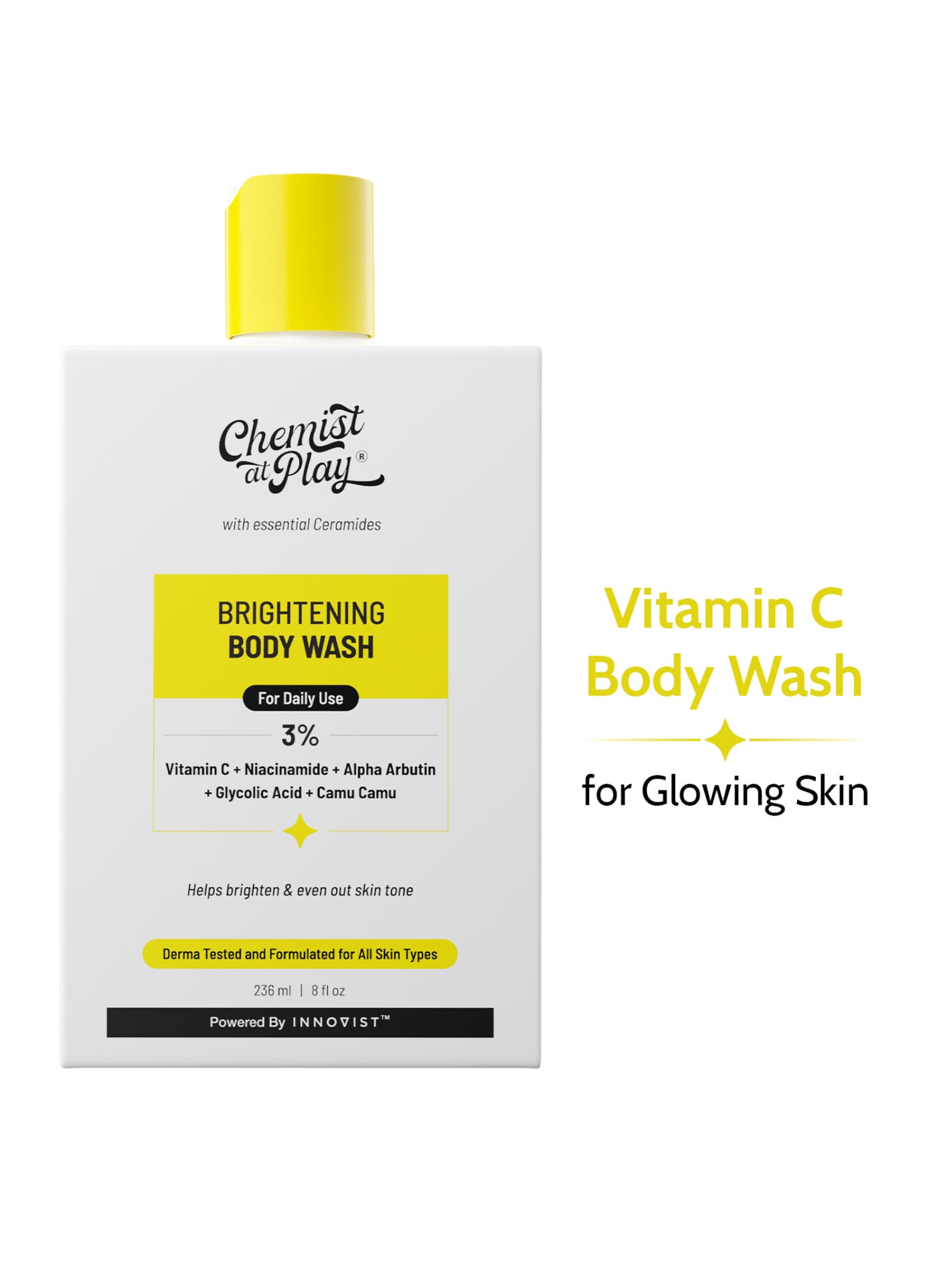Chemist at Play Brightening Body Wash, Vitamin C Bodywash for Glowing Skin, Fades Dark Spots, Alpha Arbutin, Camu Camu, SLS & Paraben Free