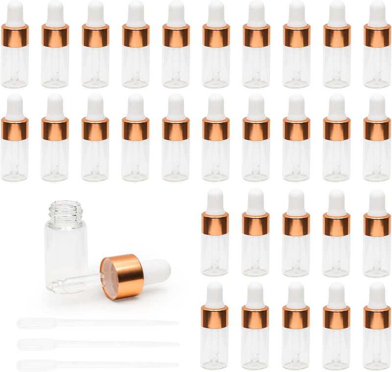 Dondeen 30pcs 3ml Dropper Bottle,Empty Mini Bottles with 3pcs Dropper Pipettes Golden Aluminum Alloy Cap,Refillable Small Sample Vials Container for Essential Oils Perfume Cosmetic Liquid - Image 1