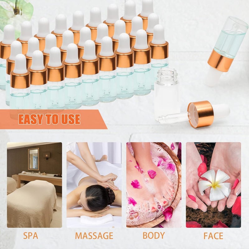 Dondeen 30pcs 3ml Dropper Bottle,Empty Mini Bottles with 3pcs Dropper Pipettes Golden Aluminum Alloy Cap,Refillable Small Sample Vials Container for Essential Oils Perfume Cosmetic Liquid - Image 5