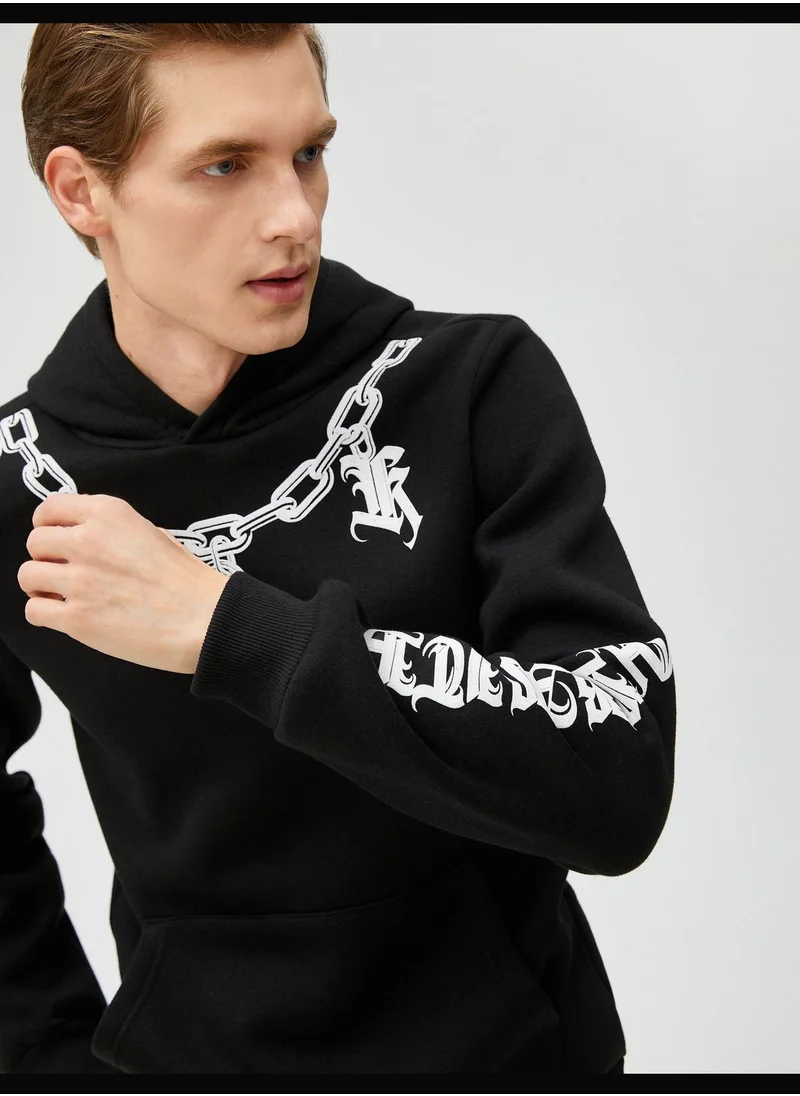 KOTON Basic Hoodie Skull Printed Pocket Detailed