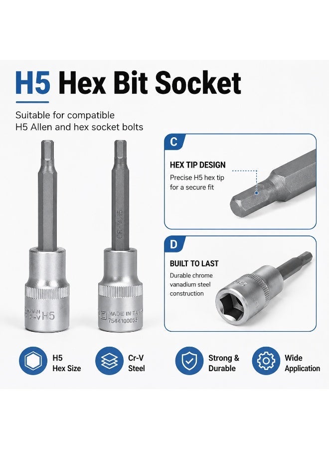 H5 Hex Bit Socket 1/2 Inch Drive, 4 Inch Long Chrome Vanadium Steel Allen Socket Tool for Ratchet, Car Repair, Workshop & DIY Maintenance - Image 2
