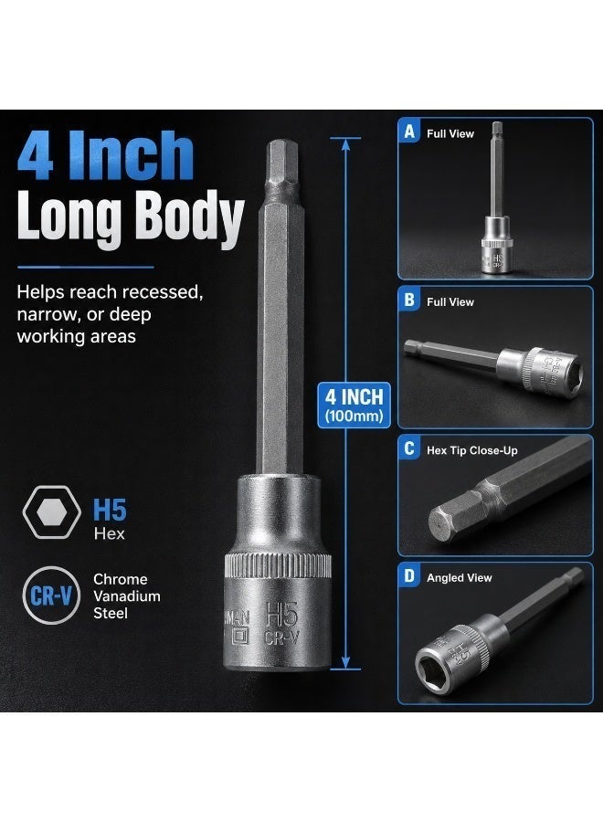 H5 Hex Bit Socket 1/2 Inch Drive, 4 Inch Long Chrome Vanadium Steel Allen Socket Tool for Ratchet, Car Repair, Workshop & DIY Maintenance - Image 4