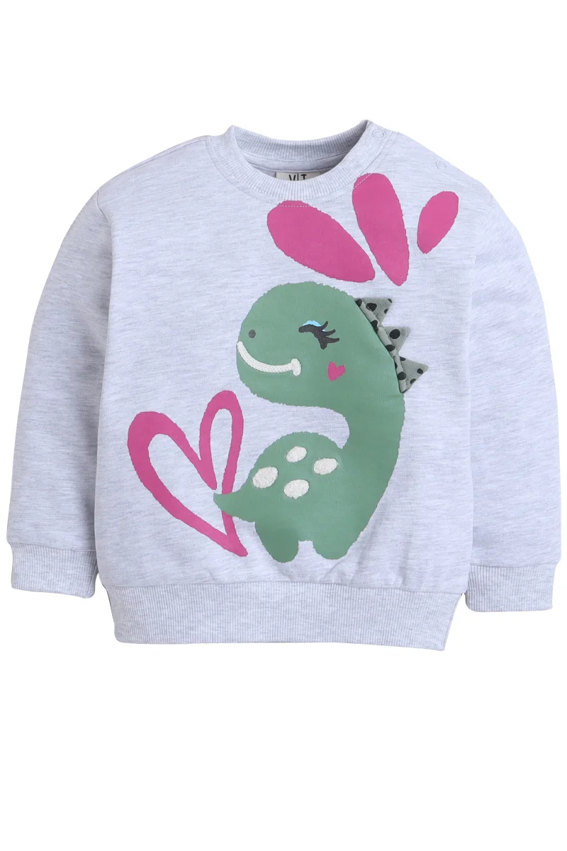 victor and jane Baby Girl Dino &amp; Heart Fleece Tracksuit – Oatmeal 2-Piece Set