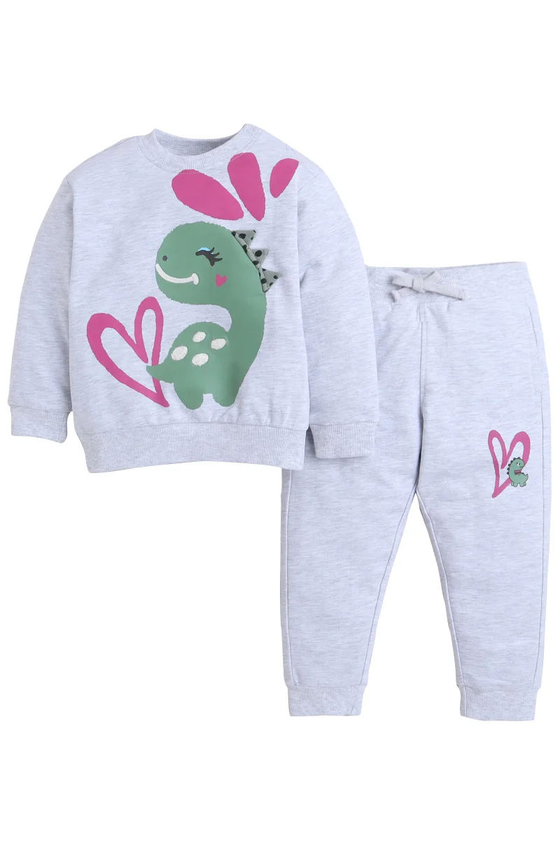 victor and jane Baby Girl Dino &amp; Heart Fleece Tracksuit – Oatmeal 2-Piece Set