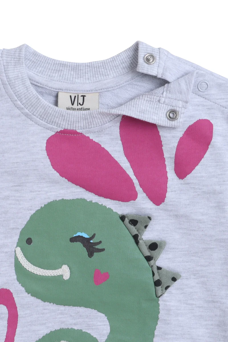 victor and jane Baby Girl Dino & Heart Fleece Tracksuit – Oatmeal 2-Piece Set