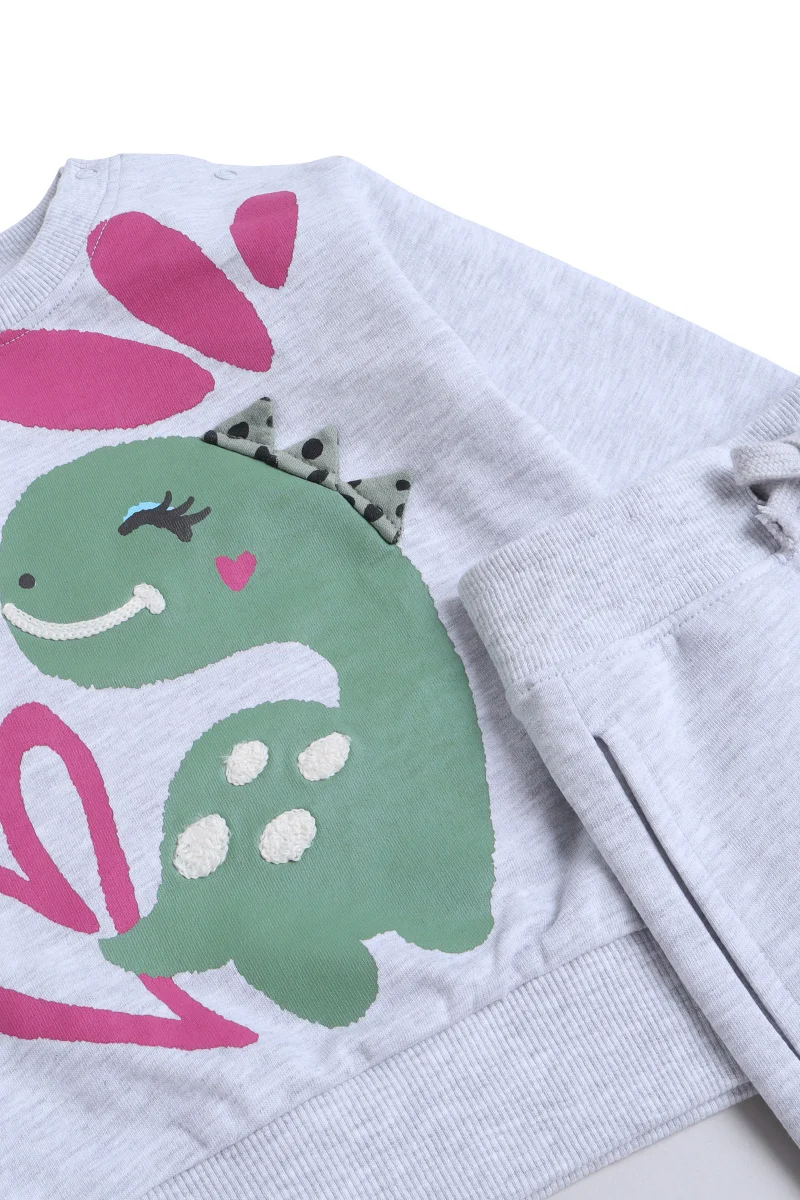 victor and jane Baby Girl Dino & Heart Fleece Tracksuit – Oatmeal 2-Piece Set