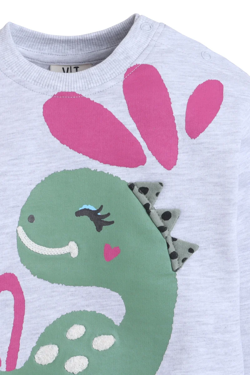 victor and jane Baby Girl Dino & Heart Fleece Tracksuit – Oatmeal 2-Piece Set