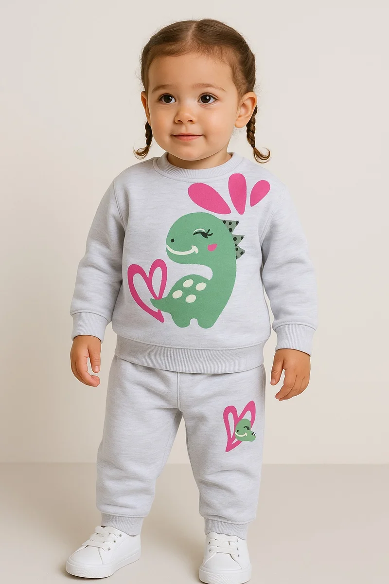 victor and jane Baby Girl Dino & Heart Fleece Tracksuit – Oatmeal 2-Piece Set