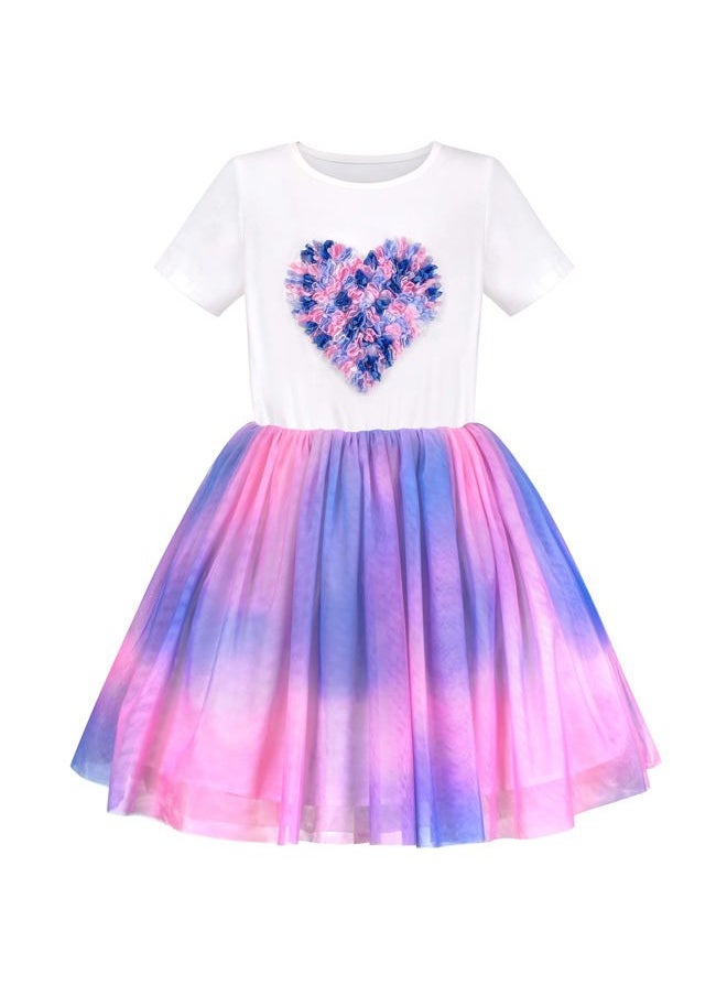 Sunny Fashion - Girls Dress White Multicolor Tie Dye Heart Pleated Tulle Party Casual Size 8 - Image 1
