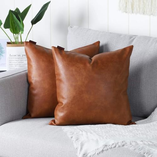 MANDIOO Set of 2 Faux Leather Decorative Throw Pillow Covers Modern Solid Outdoor Cushion Cases Luxury Pillowcases for Couch Sofa Bed 16x16 Inches Brown - Image 1