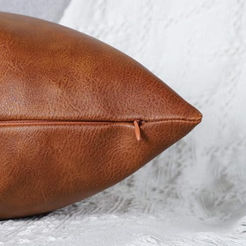 MANDIOO Set of 2 Faux Leather Decorative Throw Pillow Covers Modern Solid Outdoor Cushion Cases Luxury Pillowcases for Couch Sofa Bed 16x16 Inches Brown - Image 5