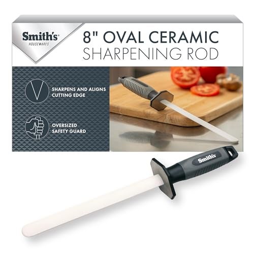 Smiths 51205 8 Inch Oval Ceramic Sharpening Rod  Soft Rubber Handle  2Stage Sharpener  Kitchen Chef Straight  Serrated Edge Knife Sharpener  Hone  Realigns Knife Edge