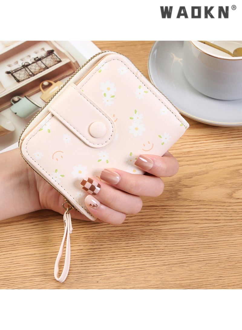 WAOKN Fashionable Korean-style Daisy Watercolor Art Print Short Women's Zippered Wallet, Delicate and Compact with Multiple Card Slots and Coin Compartment（Apricot） - Image 1