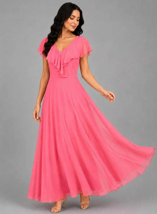 House Of Raeli Pink Georgette Ruffled Maxi Dress
