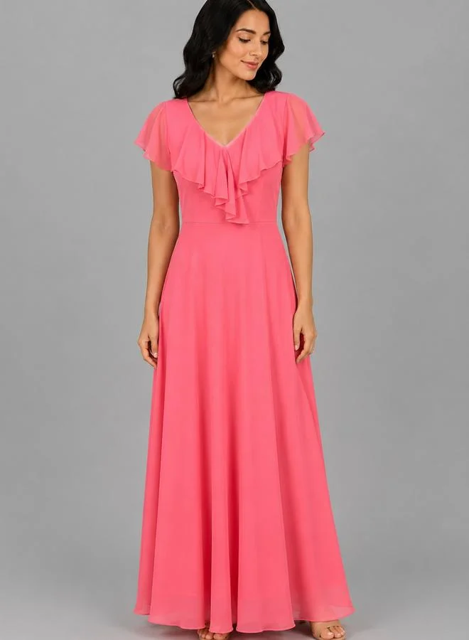 House Of Raeli Pink Georgette Ruffled Maxi Dress