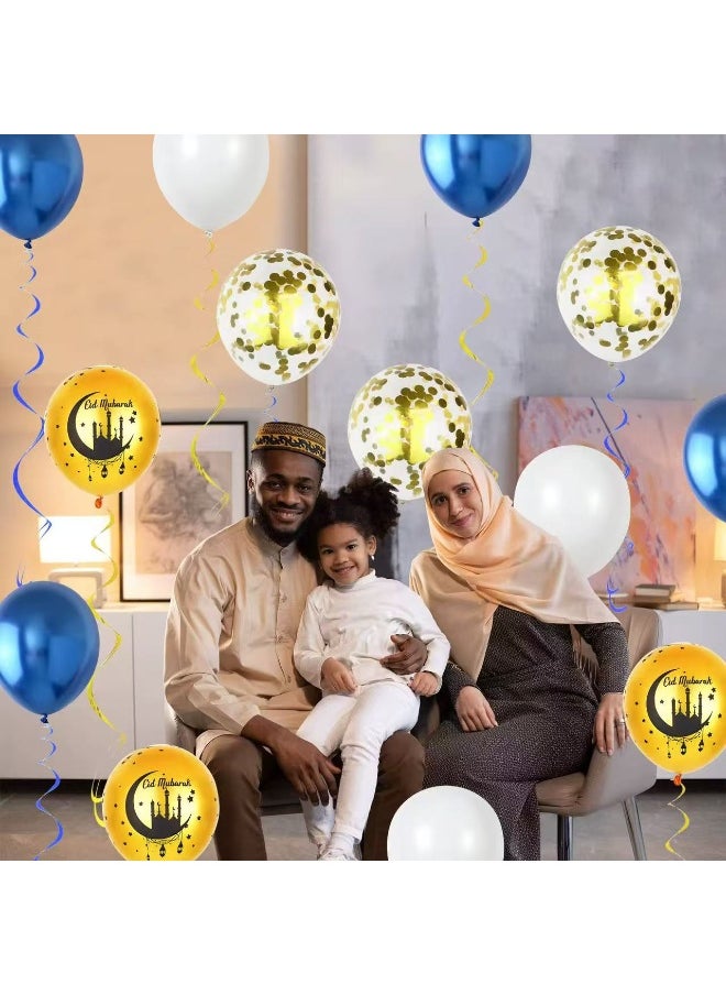 32 Pieces Latex Eid Balloons Set 3D Gold Eid Balloons For Home And Party Decoration Gold And Blue  - Image 2