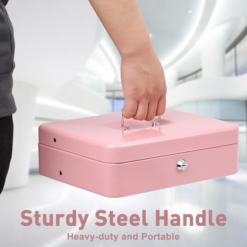 KYODOLED Locking Cash Box with Lock,Money Box with Cash Tray,Lock Safe Box with Key,Money Saving Organizer,11.81Lx 9.45Wx 3.54H Inches,Pink XL Large - Image 4