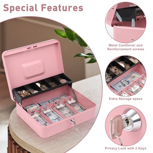 KYODOLED Locking Cash Box with Lock,Money Box with Cash Tray,Lock Safe Box with Key,Money Saving Organizer,11.81Lx 9.45Wx 3.54H Inches,Pink XL Large - Image 5