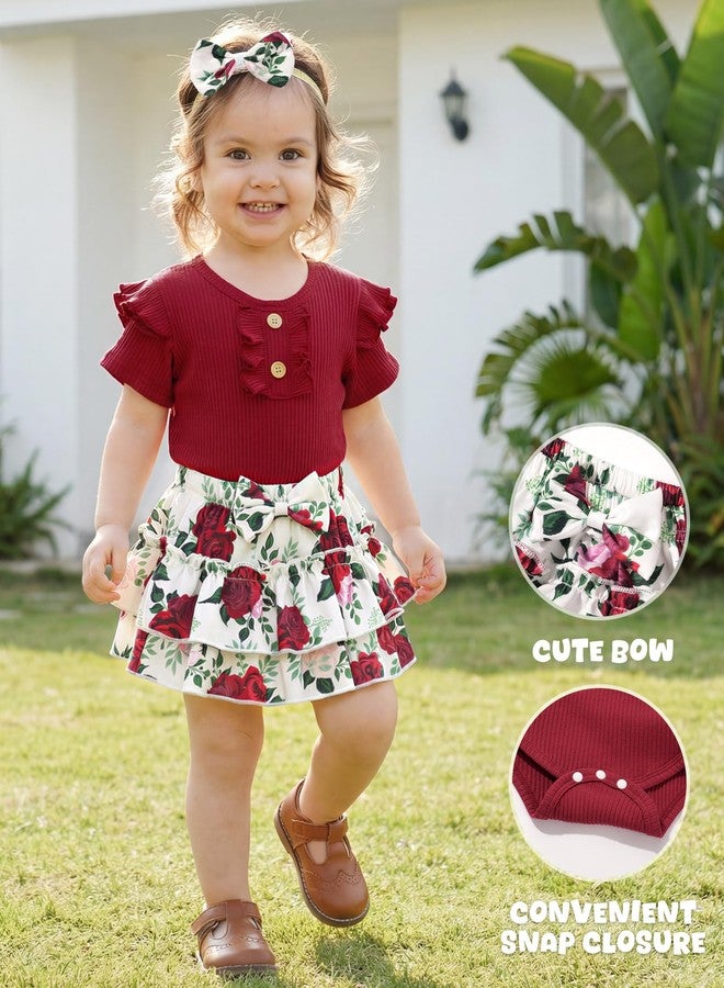 HONGTEYA Infant Baby Girl Clothes Newborn Summer Outfits Cute Romper Shorts Set Floral Girl Clothes with Headband (Red-Rose, 0-3 Months) - Image 2