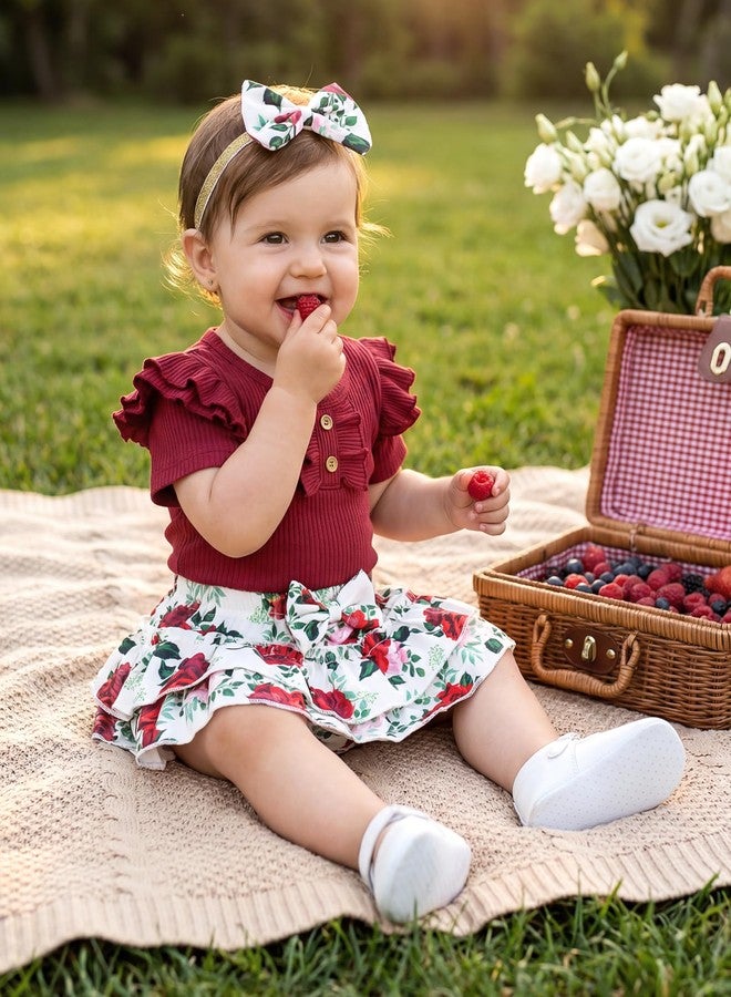 HONGTEYA Infant Baby Girl Clothes Newborn Summer Outfits Cute Romper Shorts Set Floral Girl Clothes with Headband (Red-Rose, 0-3 Months) - Image 3