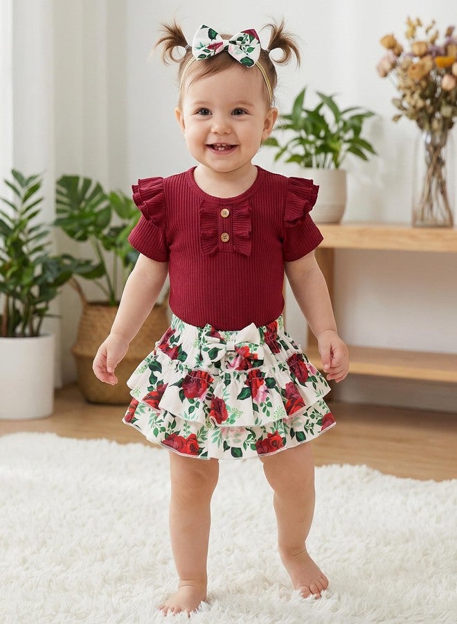 HONGTEYA Infant Baby Girl Clothes Newborn Summer Outfits Cute Romper Shorts Set Floral Girl Clothes with Headband (Red-Rose, 0-3 Months) - Image 4