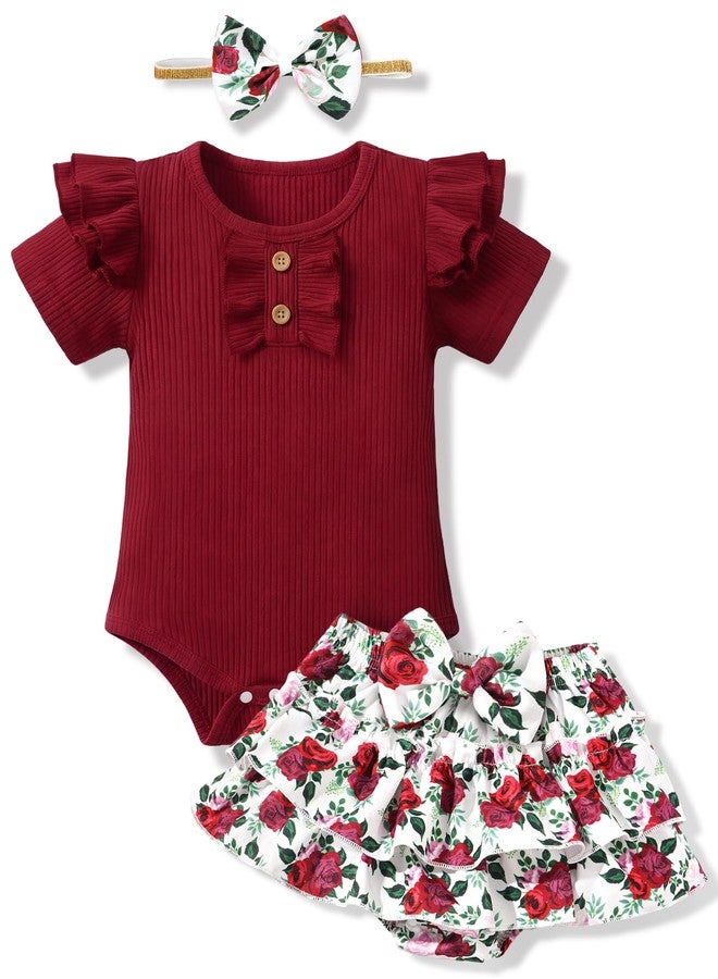 HONGTEYA Infant Baby Girl Clothes Newborn Summer Outfits Cute Romper Shorts Set Floral Girl Clothes with Headband (Red-Rose, 0-3 Months) - Image 1
