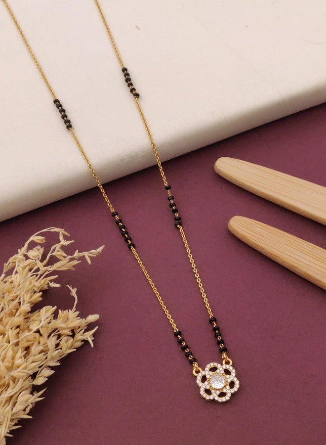 sweeply Elegant Floral Mangalsutra with Round CZ Stones & Black Beads for Women, Best Birthday Gifts, perfect for Anniversary gift, Mother's Day, Valentine Gift, Gift for Diwali - Image 2