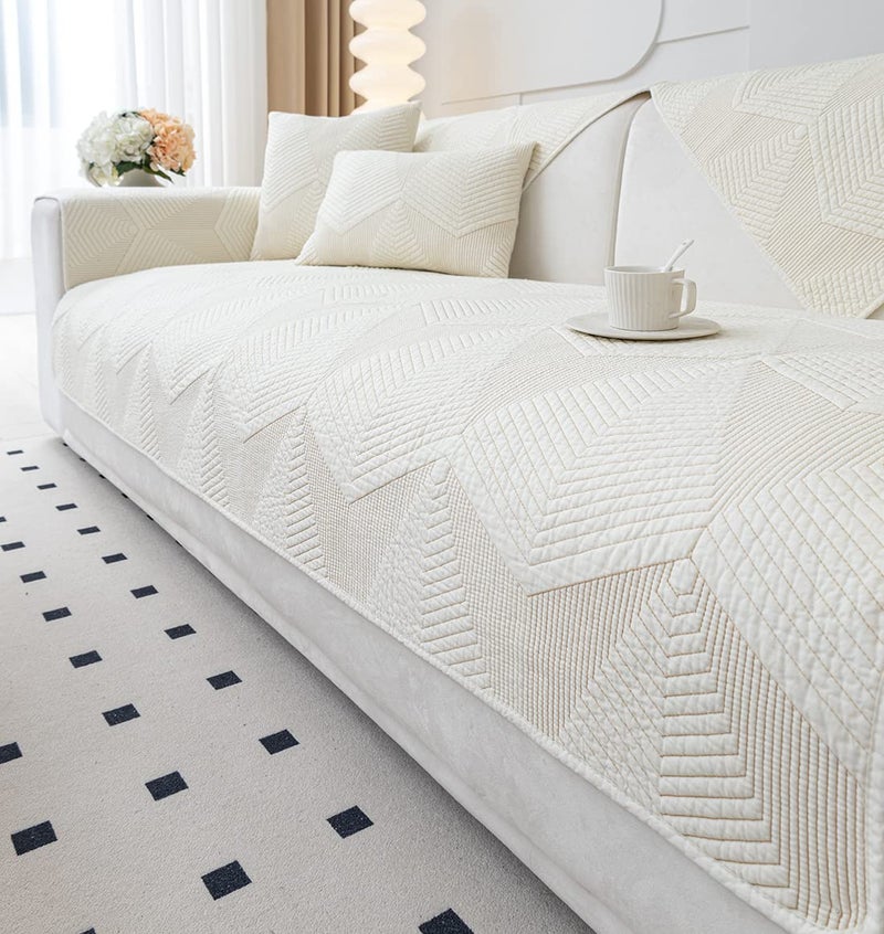 vctops غطاء أريكة مطرز بلون موحد من vctops، مصنوع من القطن المبطن، قابل للغسل، مانع للانزلاق، مناسب للكلاب والأطفال والحيوانات الأليفة، لحماية الأثاث (كريمي، 28 × 28 بوصة). - Image 1