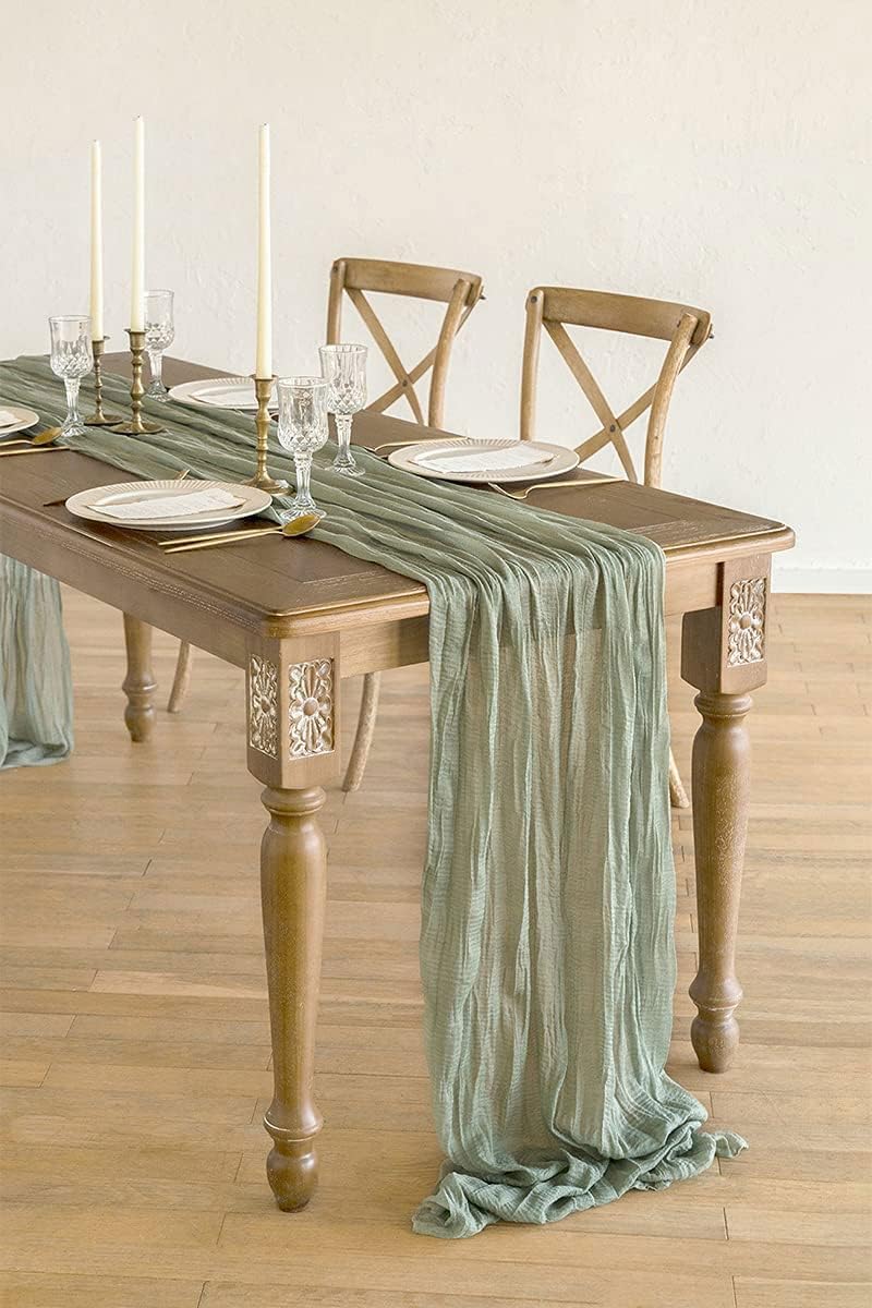 MAKINGTEC Cheesecloth Table Runner, Wedding Decorations Vintage Table Centerpieces Table Cloth, Fabric Boho Table Runner, for Wedding Party Bridal Shower Table Decorations Birthday (1 Pack Green) - Image 2