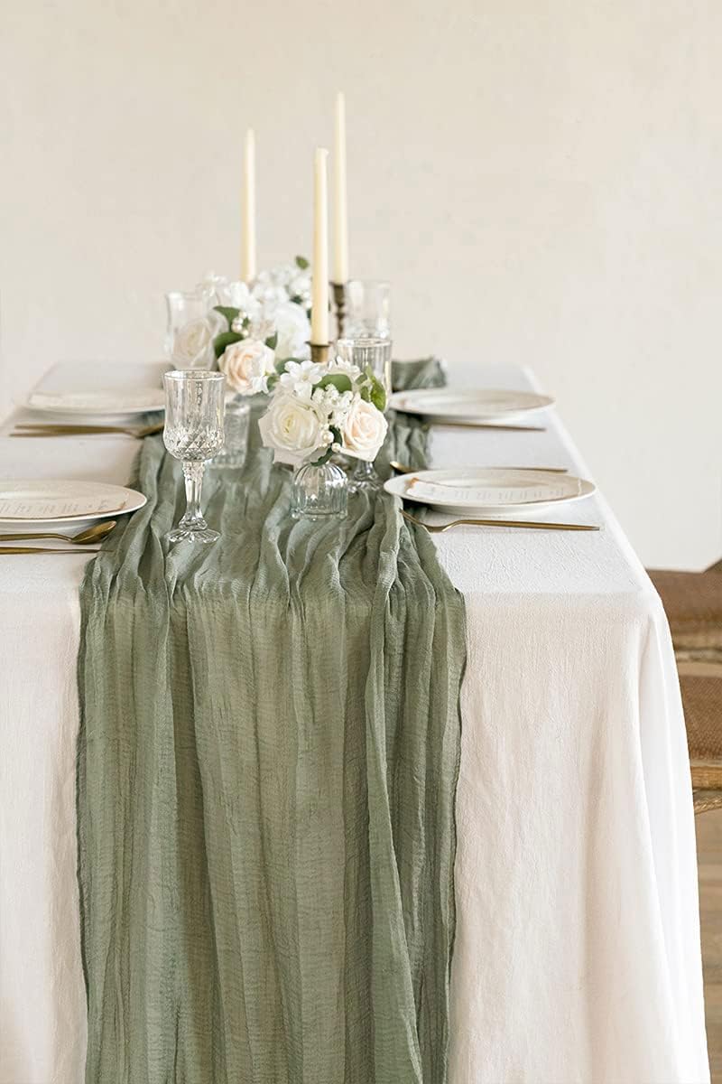 MAKINGTEC Cheesecloth Table Runner, Wedding Decorations Vintage Table Centerpieces Table Cloth, Fabric Boho Table Runner, for Wedding Party Bridal Shower Table Decorations Birthday (1 Pack Green) - Image 3