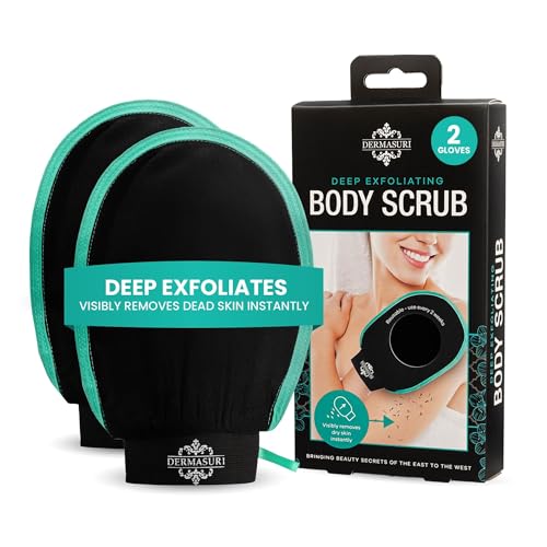 Dermasuri - Deep Exfoliating Glove - Korean Exfoliating Mitt & Body Scrubber - Keratosis Pilaris Treatment Scrub - Self Tanner Mitt & Ingrown Hair Exfoliator - Shower Gloves for Women & Men - (2 Pack) - Image 1