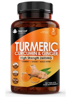 Turmeric Tablets 2600mg with Black Pepper & Ginger - 95% Curcumin Extract 180 and (3 Month) High Strength Active Supplements Not Capsules,by New Leaf
