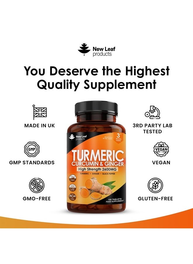 New Leaf Products - Turmeric Tablets 2600mg with Black Pepper & Ginger - 95% Curcumin Extract 180 and (3 Month) High Strength Active Supplements Not Capsules,by New Leaf - Image 1