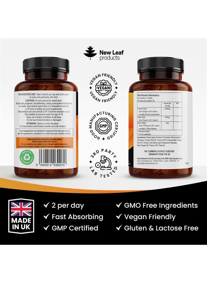 New Leaf Products - Turmeric Tablets 2600mg with Black Pepper & Ginger - 95% Curcumin Extract 180 and (3 Month) High Strength Active Supplements Not Capsules,by New Leaf - Image 1