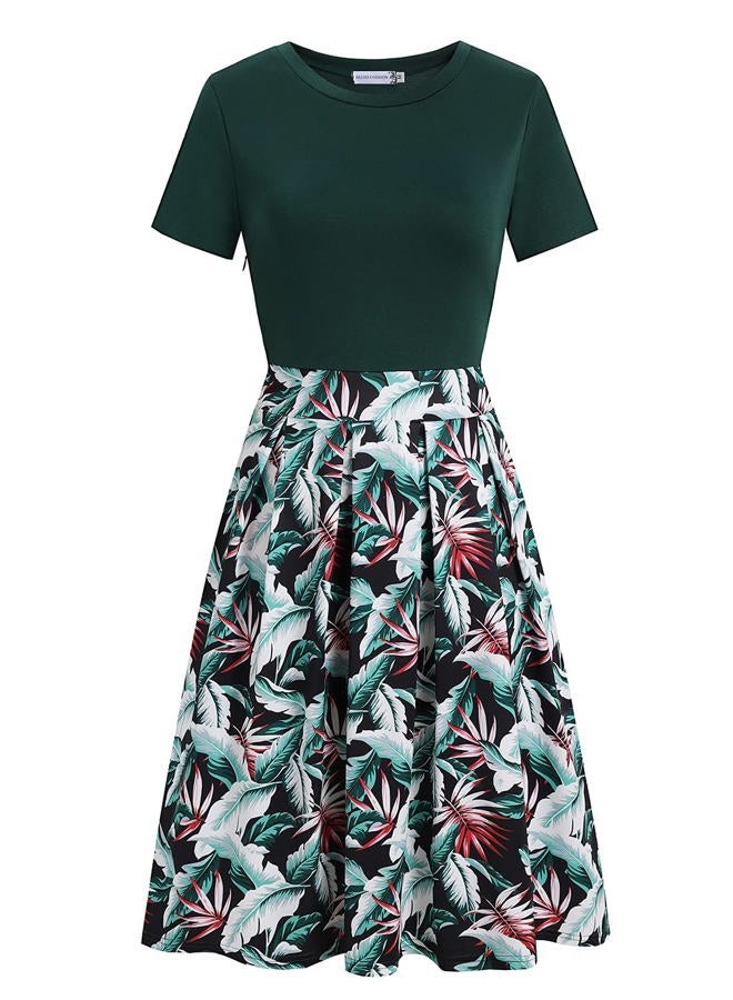 HELYO Women's Elegant Vintage Business Casual Floral Print Work Party A-Line Swing Dress with Pockets 838 (XXL, Green Floral) - Image 3