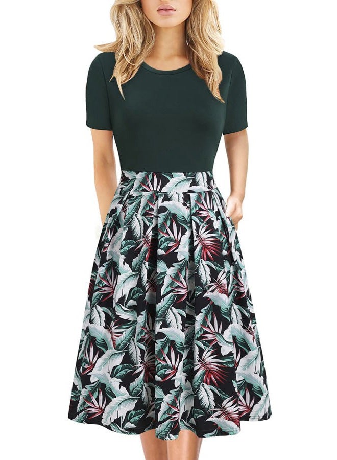 HELYO Women's Elegant Vintage Business Casual Floral Print Work Party A-Line Swing Dress with Pockets 838 (XXL, Green Floral) - Image 1
