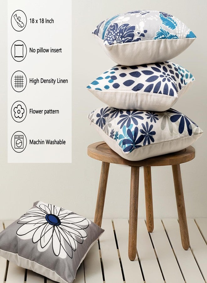 Baidast Blue Decorative Throw Pillow Covers 18x18 Set of 4, Blue and Grey Modern Daisy Floral Pillows Linen Pillow Covers for Couch Sofa Living Room - Image 3