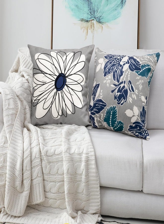 Baidast Blue Decorative Throw Pillow Covers 18x18 Set of 4, Blue and Grey Modern Daisy Floral Pillows Linen Pillow Covers for Couch Sofa Living Room - Image 5