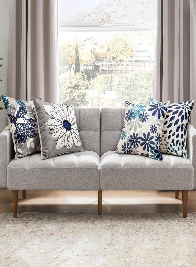 Baidast Blue Decorative Throw Pillow Covers 18x18 Set of 4, Blue and Grey Modern Daisy Floral Pillows Linen Pillow Covers for Couch Sofa Living Room - Image 2