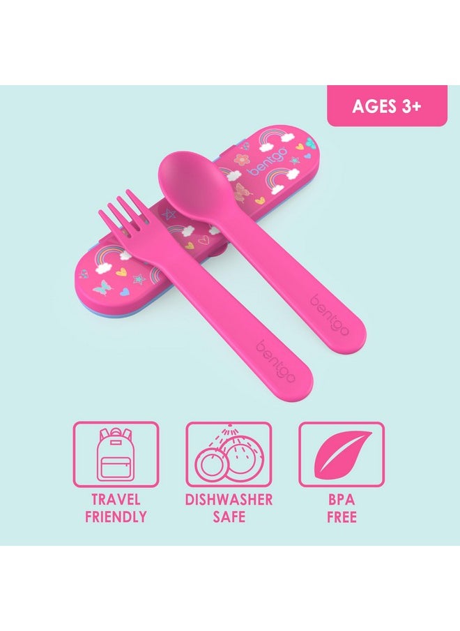 Bentgo - Kids Utensil Set Reusable Plastic Fork Spoon & Storage Case Bpafree Materials Easygrip Handles Dishwasher Safe Ideal For School Lunch Travel Outdoors (Rainbows And Butterflies) - Image 1