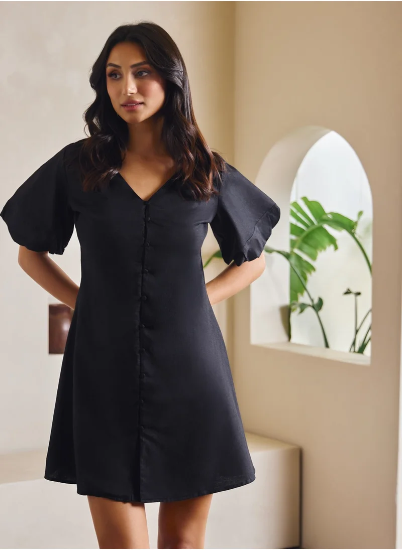 Zigzag Puffed Sleeve Linen Dress With Front Buttons