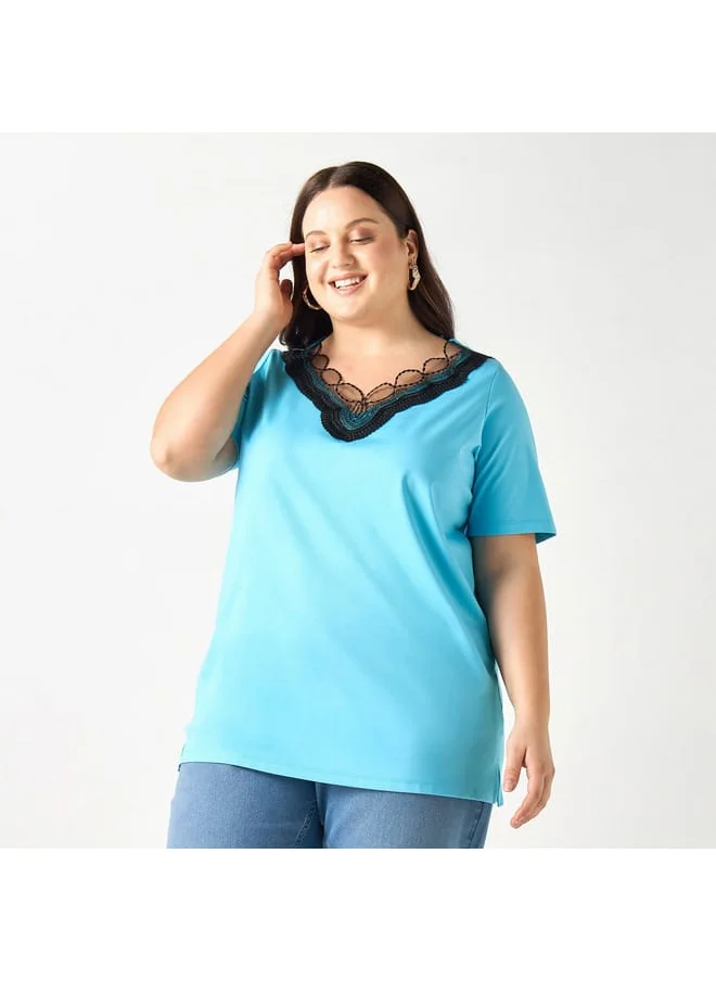 Ulla Popken Plus Size Ulla Popken Lace Detail V-neck T-shirt with Short Sleeves