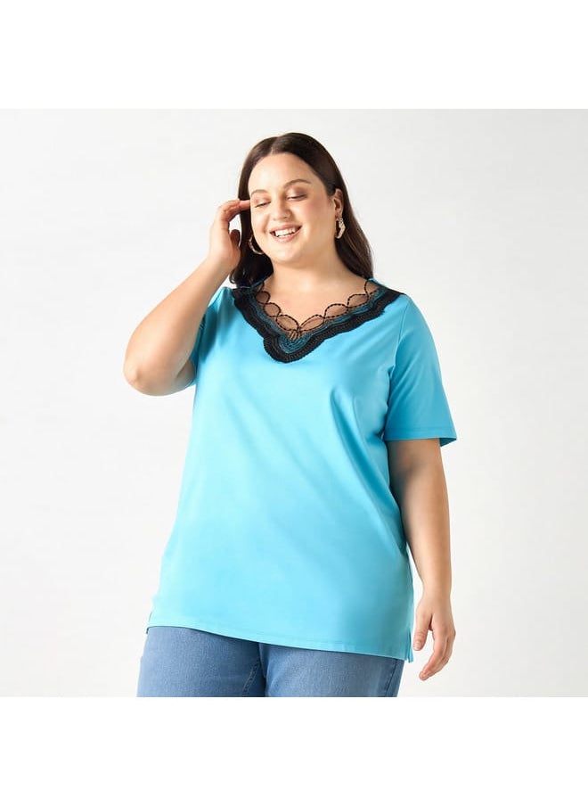 Ulla Popken Plus Size Ulla Popken Lace Detail V-neck T-shirt with Short Sleeves  - Image 1
