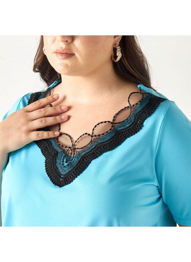 Ulla Popken Plus Size Ulla Popken Lace Detail V-neck T-shirt with Short Sleeves  - Image 4