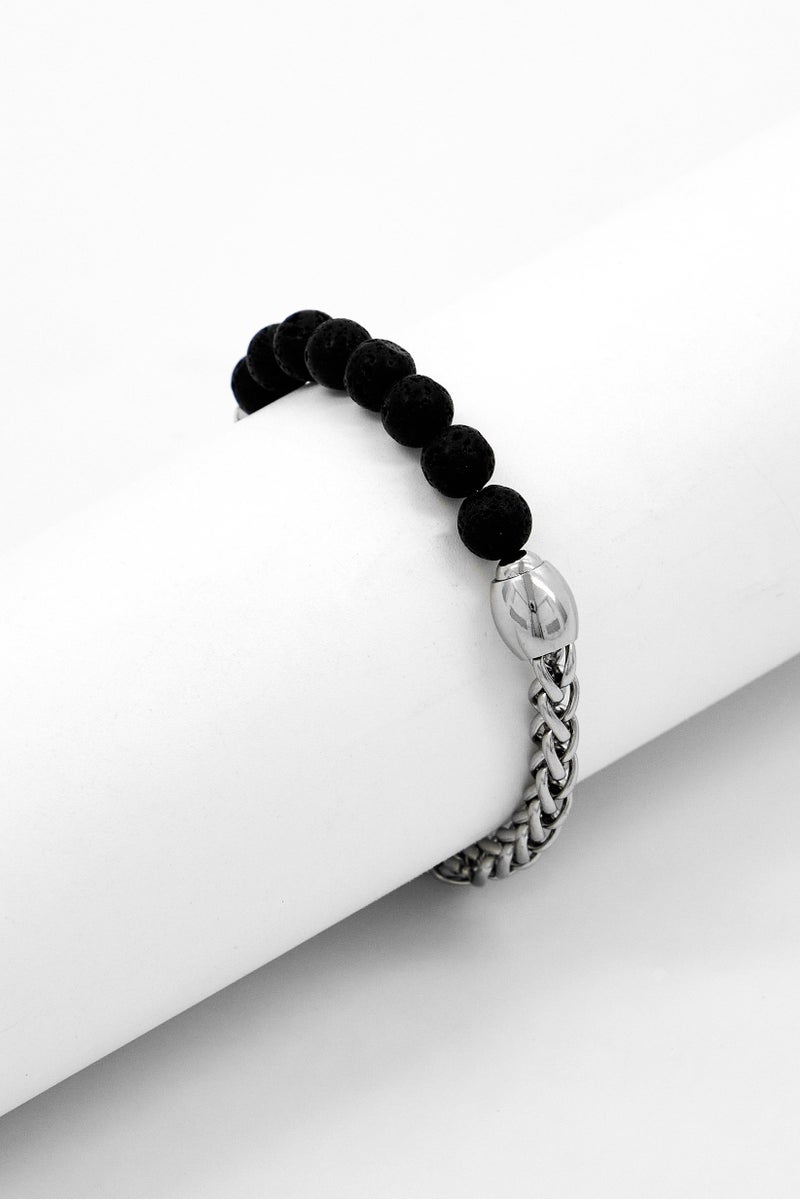 Steeltime Men Tiger Eye Stone Beads with Stainless Steel Chain Bracelet, Black - Image 1